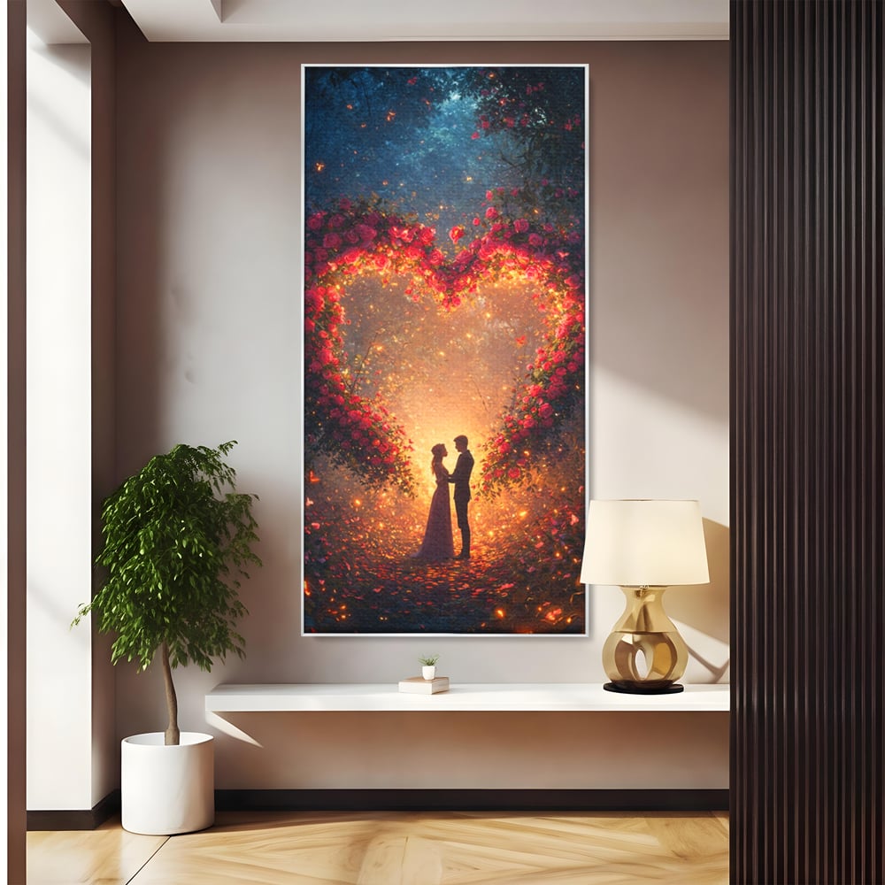 Tablou canvas cu ilustratie digitala cu cuplu si arc de trandafiri, in rama de aluminiu argintiu